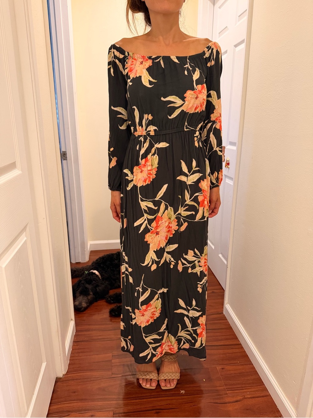Billabong Black Long Sleeve Maxi Dress with Peach Floral
